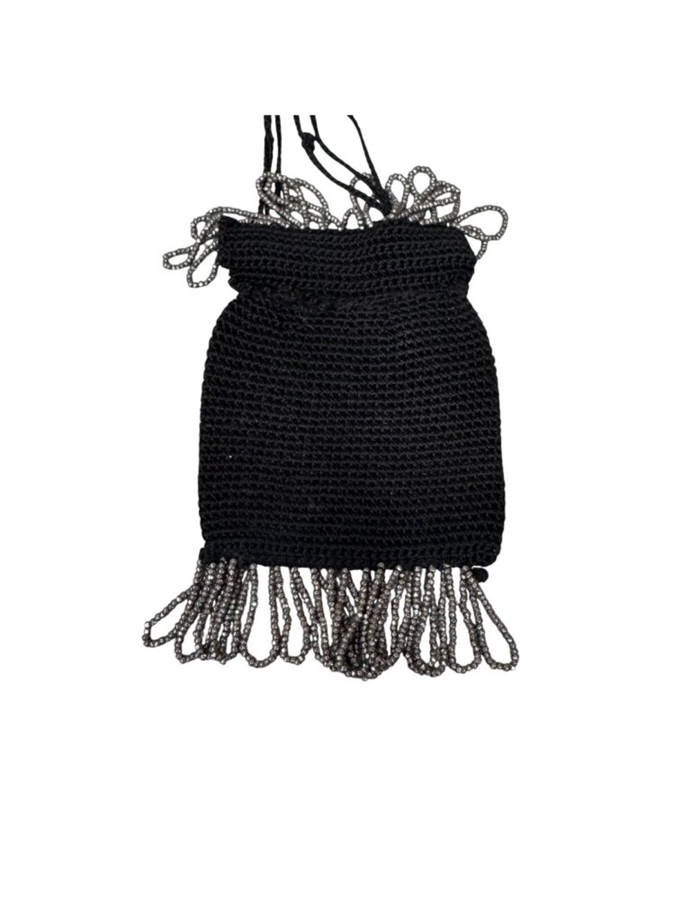 Vintage Black Crochet Drawstring Pouch Seed Bead Beaded Fringe 3x4 Coin Pouch